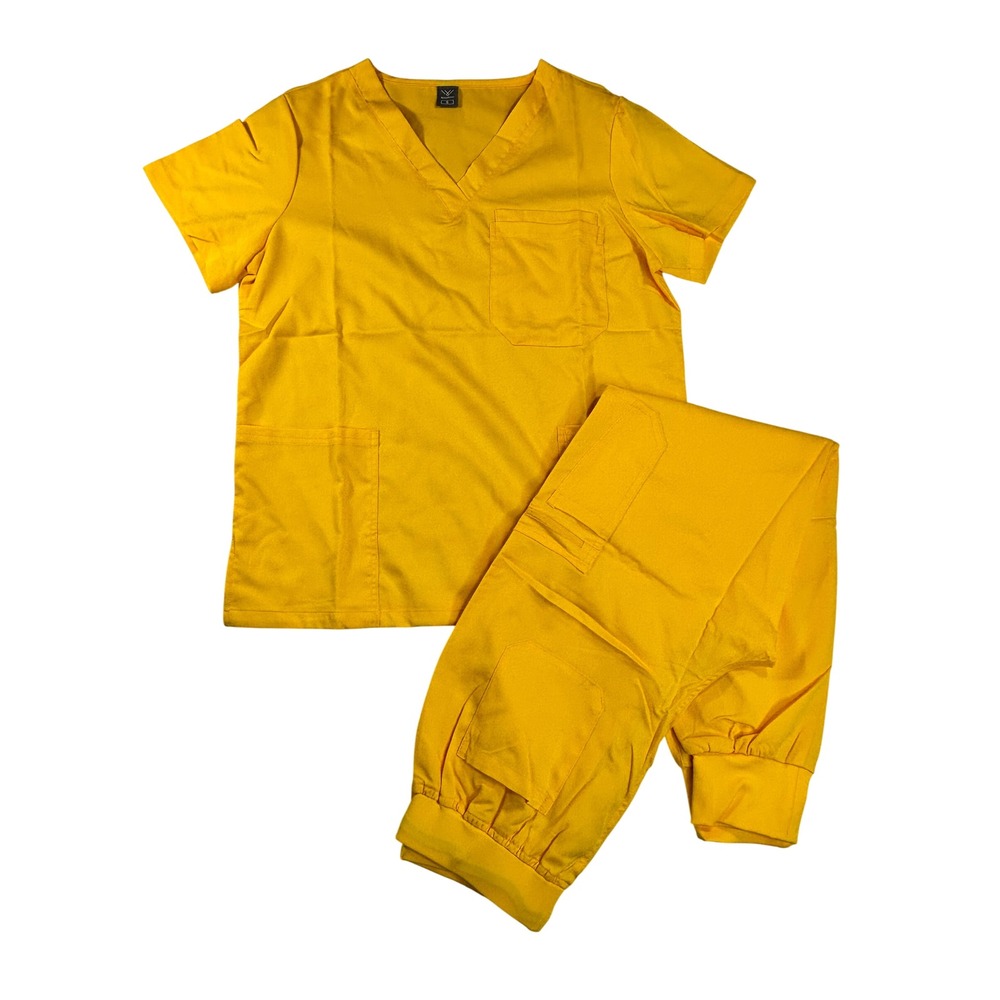 NiaaHinn Yellow Scrub Set V-Neck Top and Jogger Cargo Pants Size S